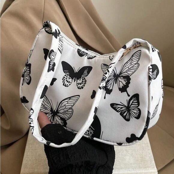 White Butterfly Shoulder Bag Y2K Mini Purse Zip Closure - Picture 3 of 7